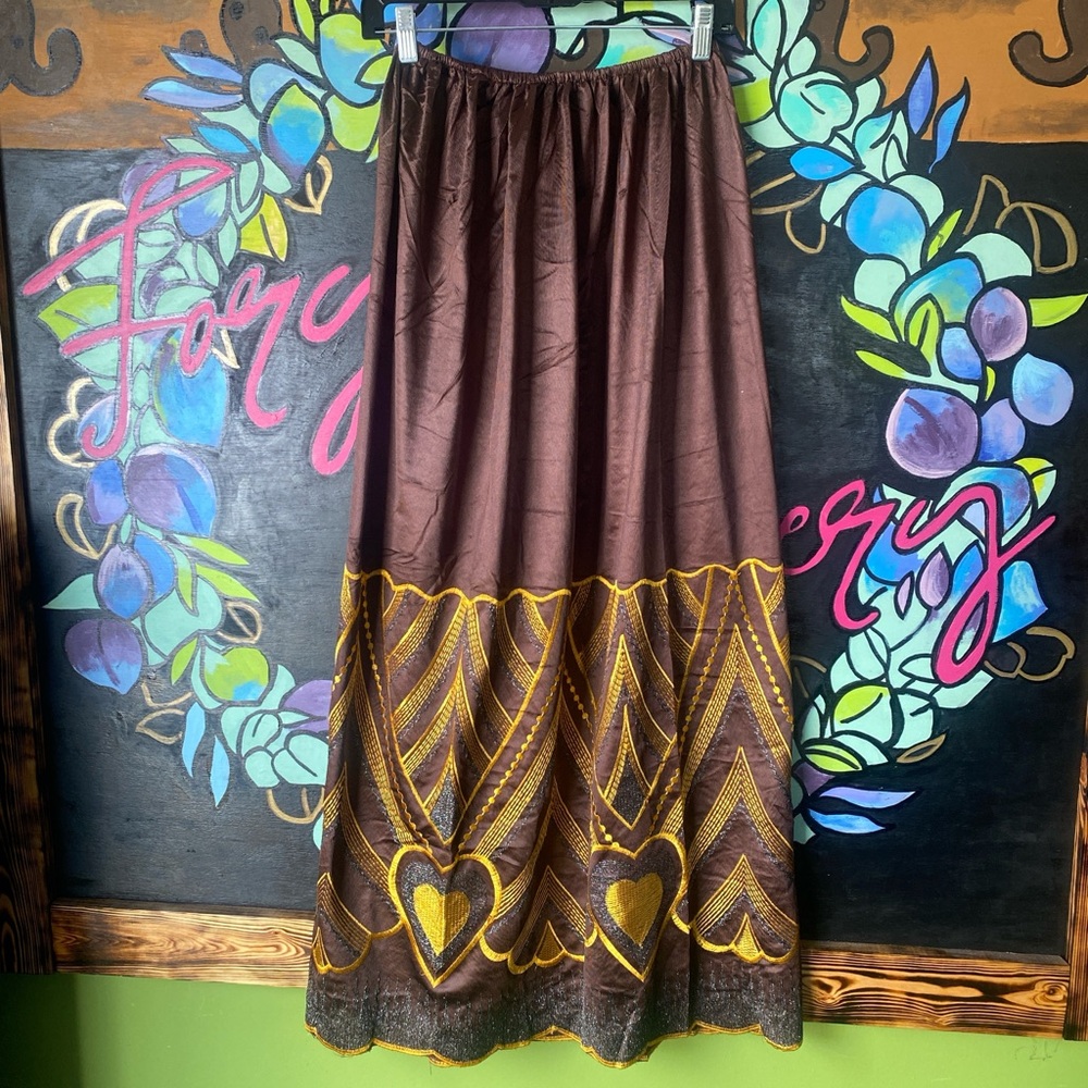 Brown and Gold embroidered maxi skirt one size fits most handmade